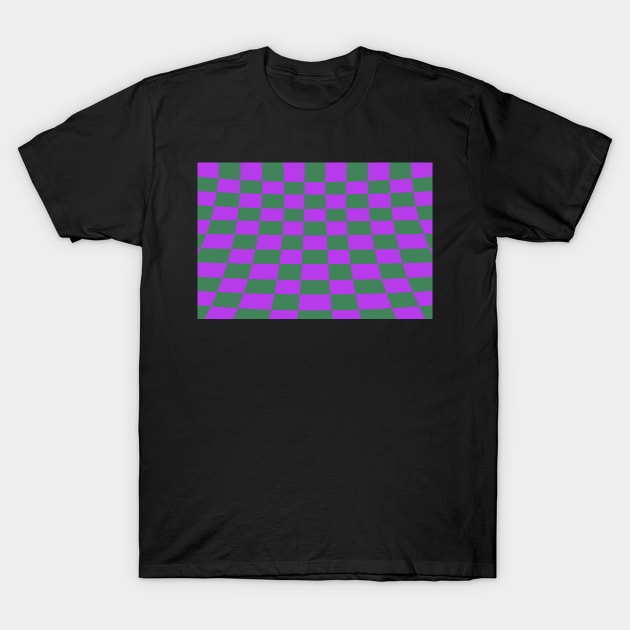 Warped perspective coloured checker board effect grid purple and green T-Shirt by Russell102